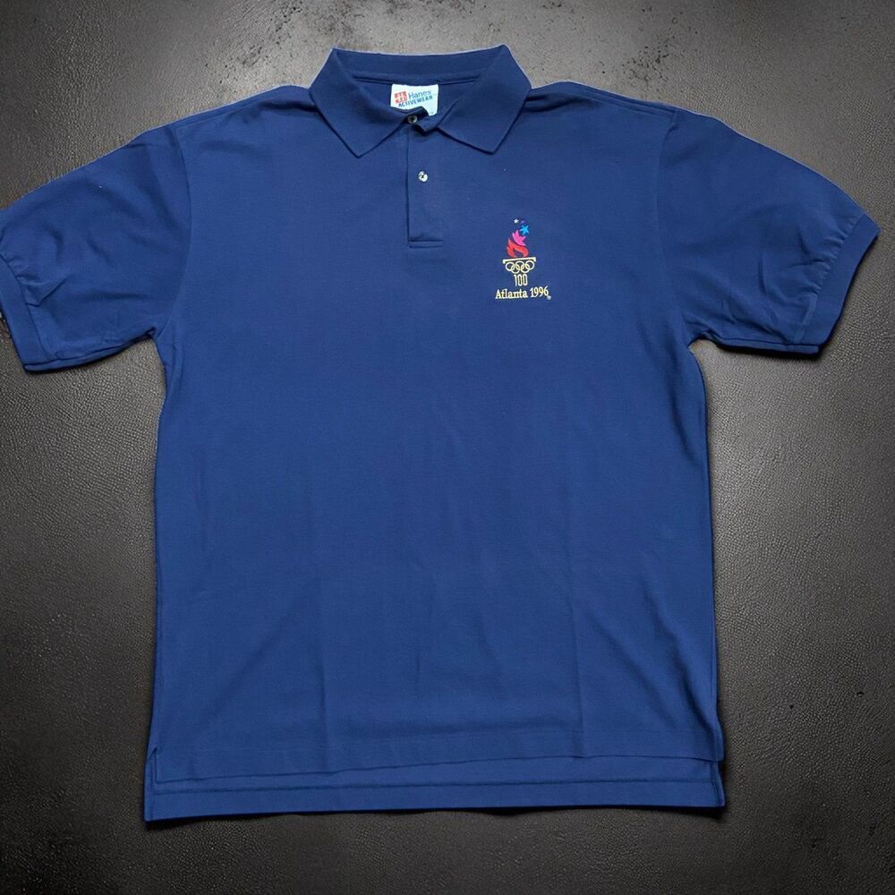 Hanes Vintage 1996 Atlanta Olympics Cotton Navy Blue Polo Shirt Men's Size XL